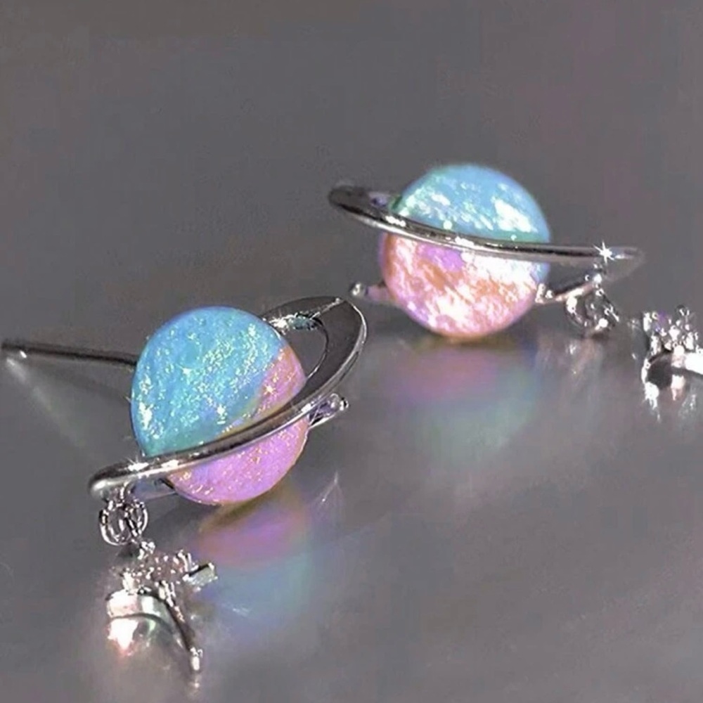 Iridescent Galactic Glow Saturn Stud Earrings with Celestial Star Charm